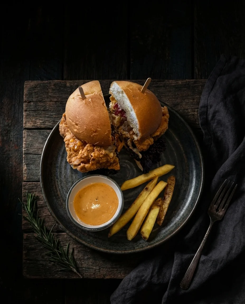 Same burger after AI enhancement with corrected lighting, color balance, and professional studio-quality presentation