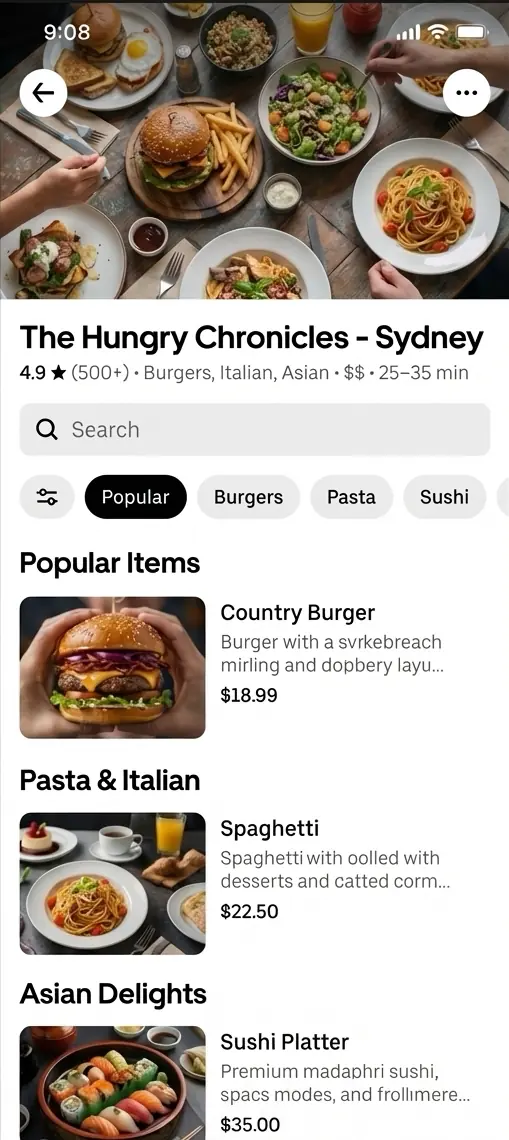 UberEats restaurant listing with AI-enhanced menu photos optimized for food delivery apps